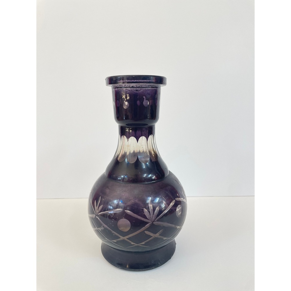 Vintage Amethyst Purple Etched Glass‎ Vase Bohemian Cut to Clear Floral 7.5 Inch